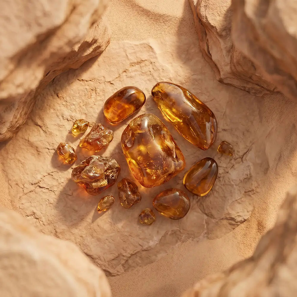 Polished amber gemstones and rough crystals arranged on a sandy rocky surface.