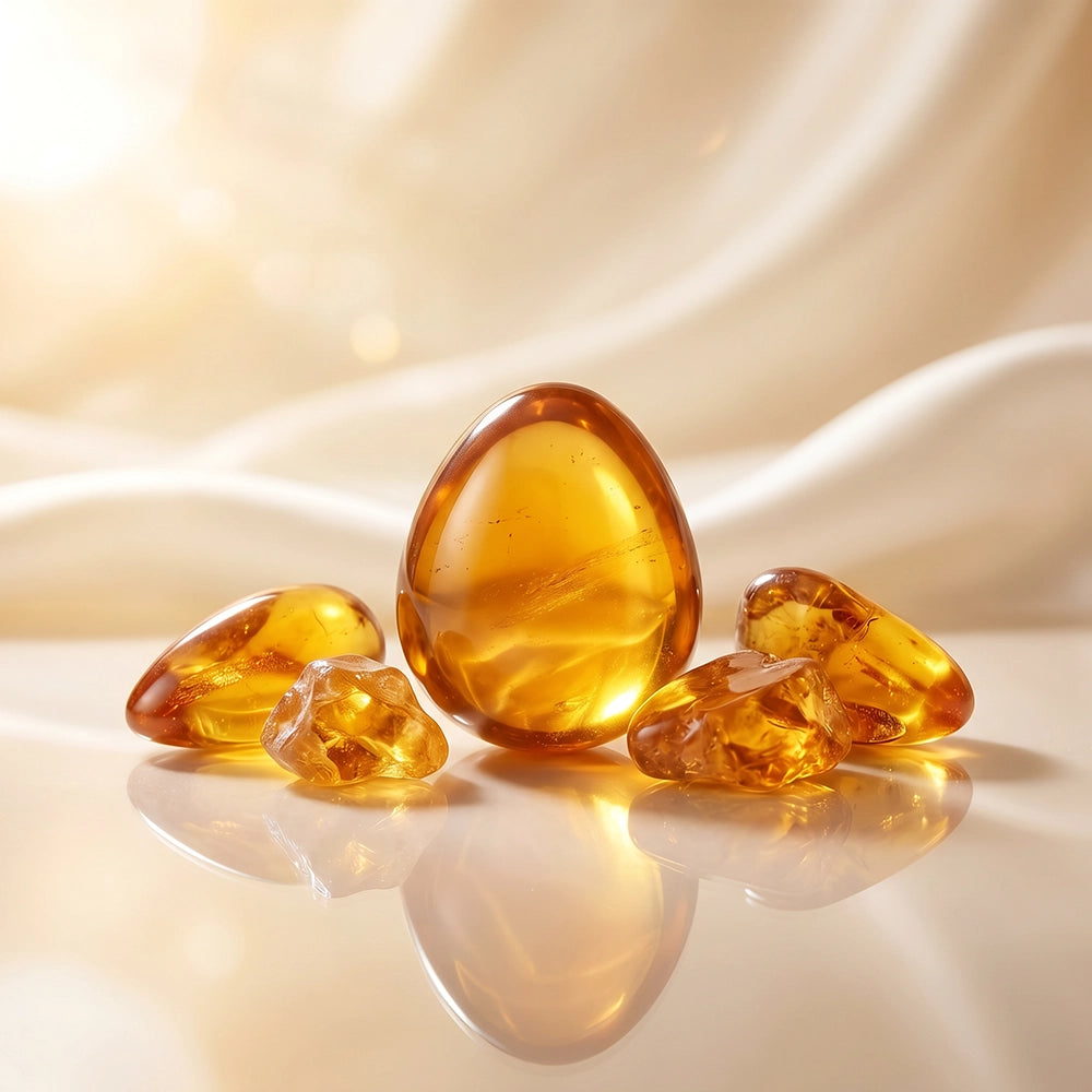 amber pieces on a glossy cream surface with warm reflections.