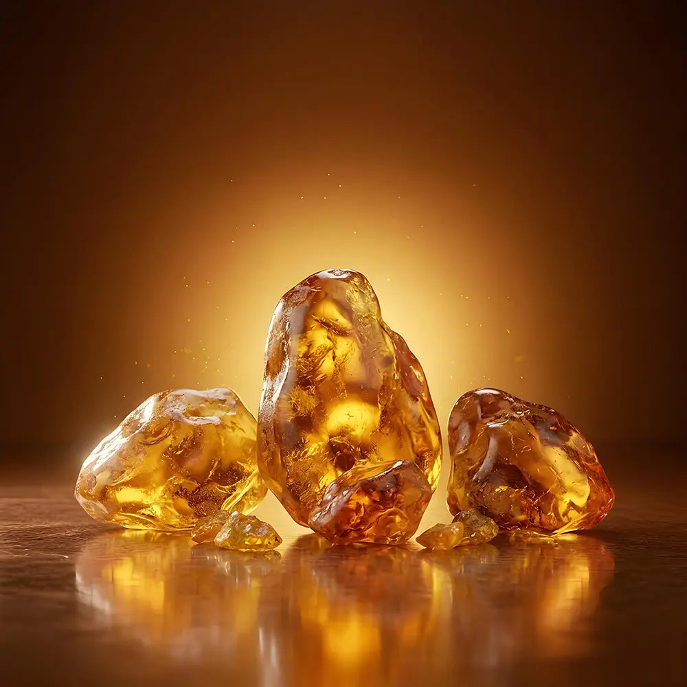 Three amber stones on a reflective surface with a warm brown background