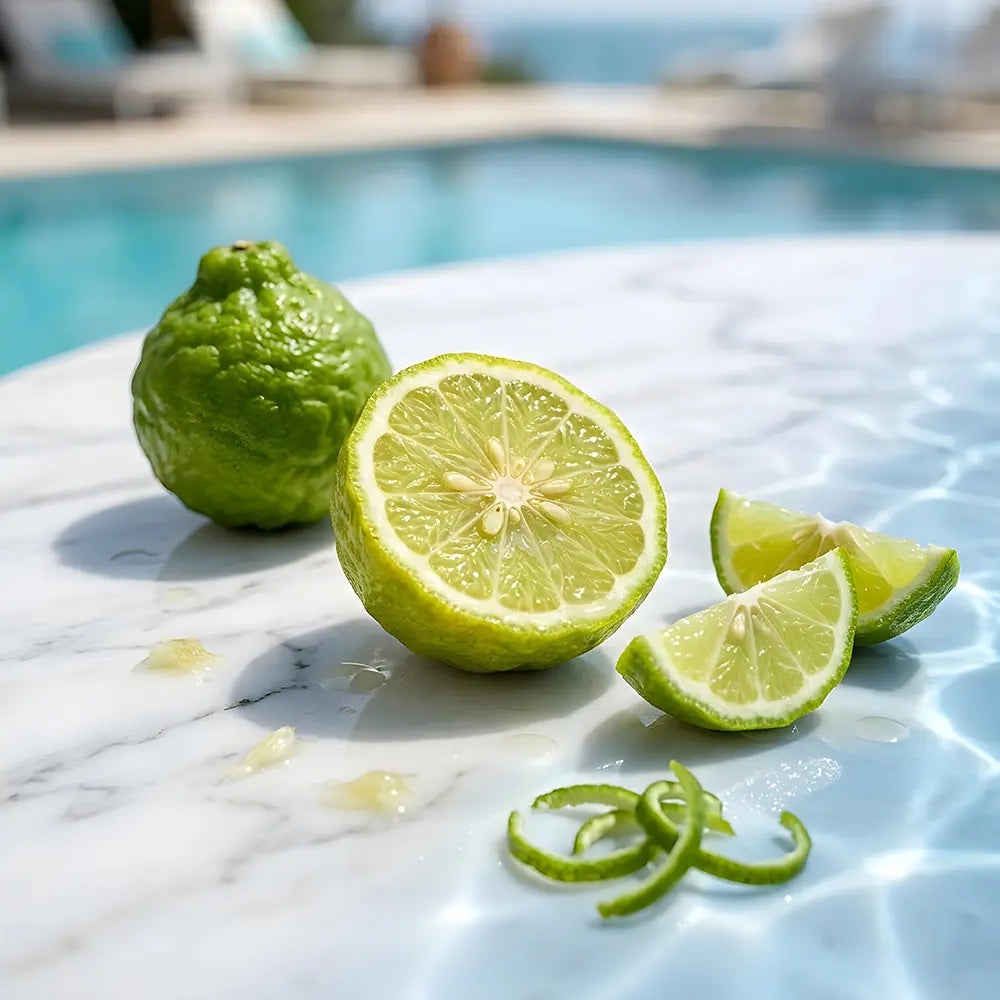 Limes and lime wedges on a marble surface with a pool in the background
