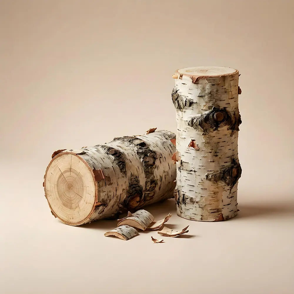 Two birch logs on a beige background