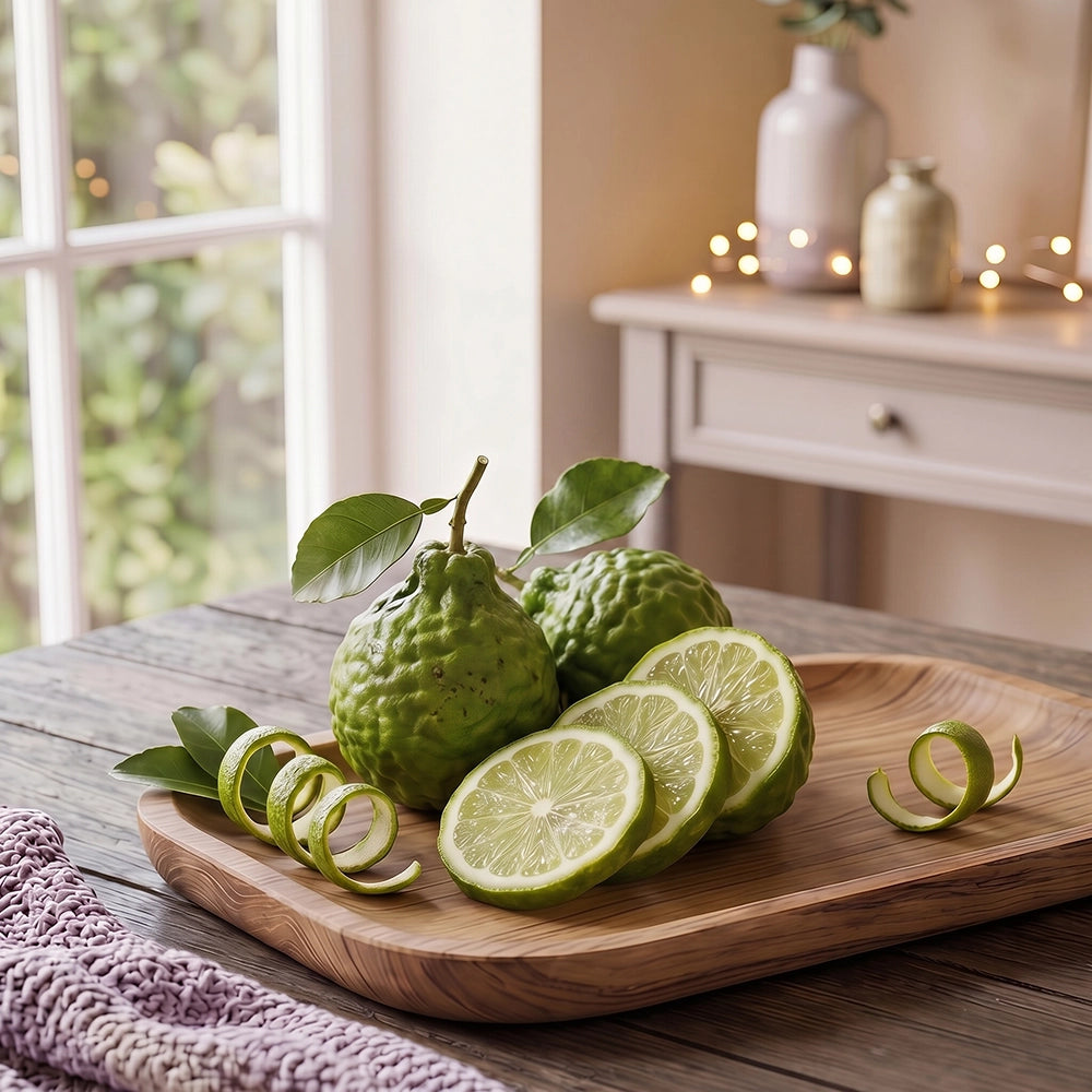 Green bergamot citrus fruits with sliced pieces on a rustic wooden board.