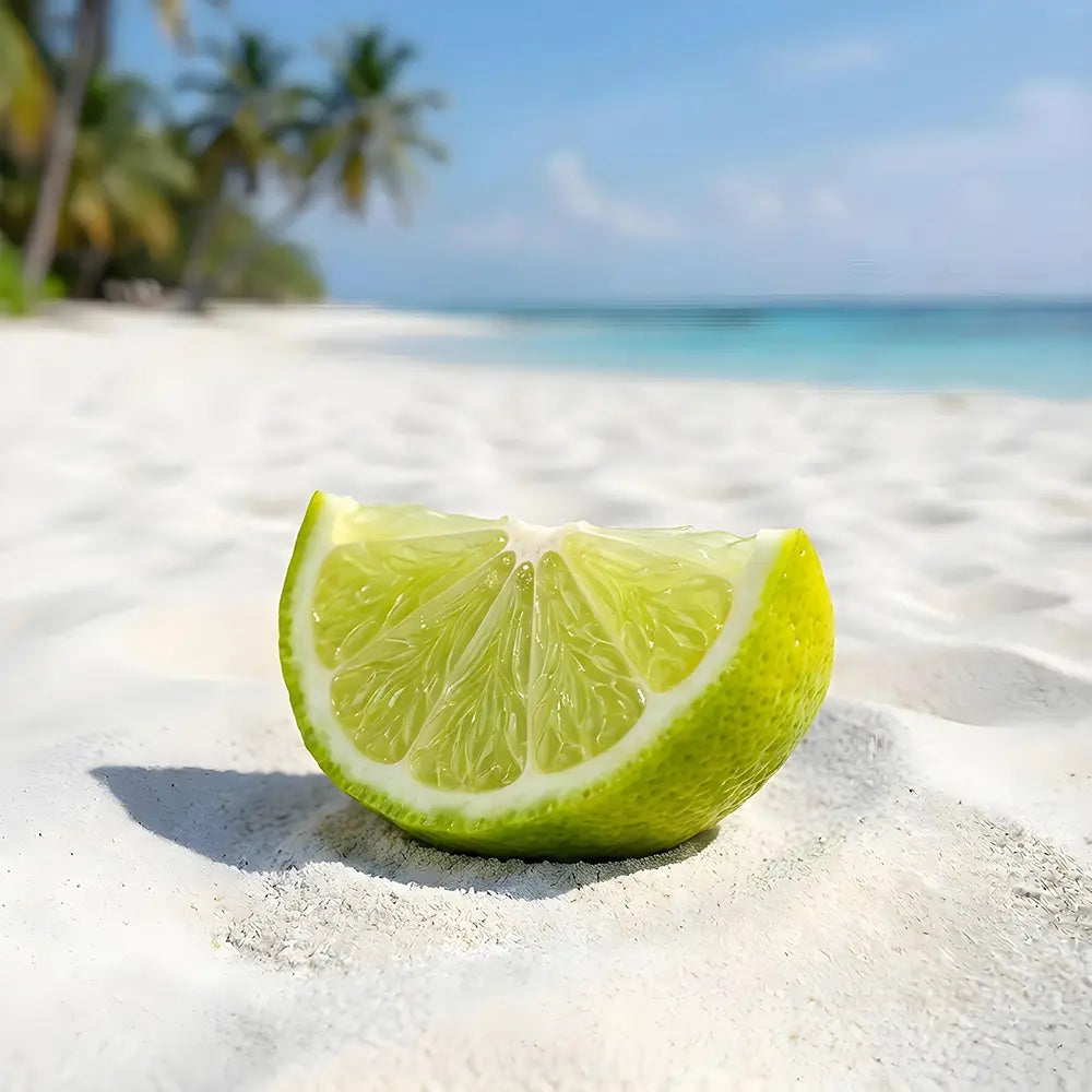 Sliced lime on a sandy beach with palm trees and clear blue sky in the background