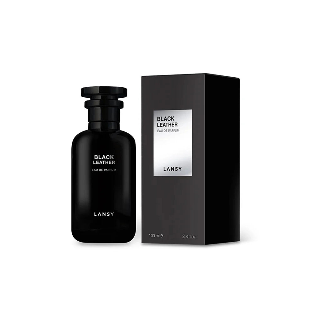 Lansy Black Leather perfume bottle and packaging on a white background