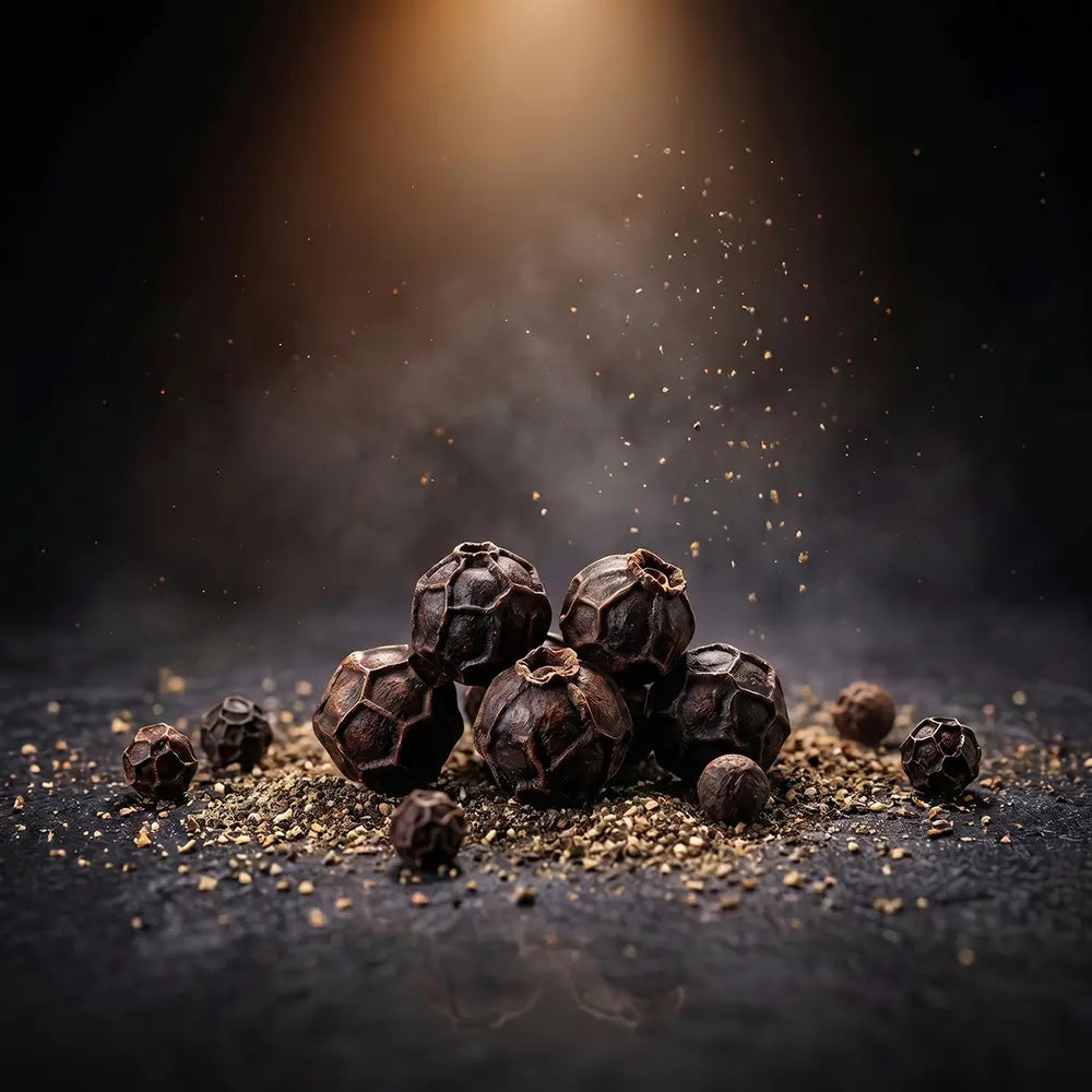 Whole and ground black pepper on a dark surface under warm light.