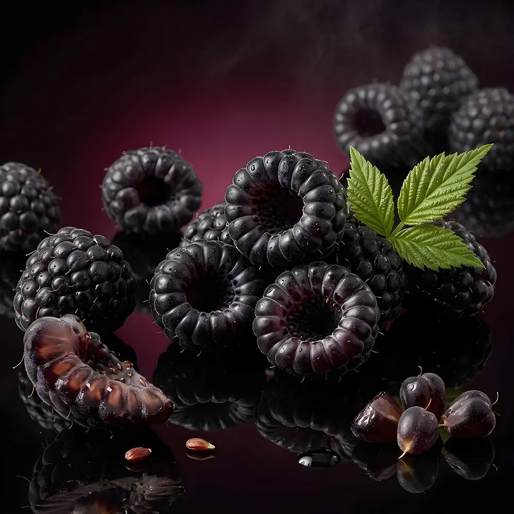 Black raspberries with green leaves on a dark reflective surface.