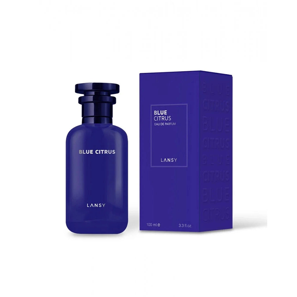 Lansy Blue Citrus perfume bottle and packaging on a white background