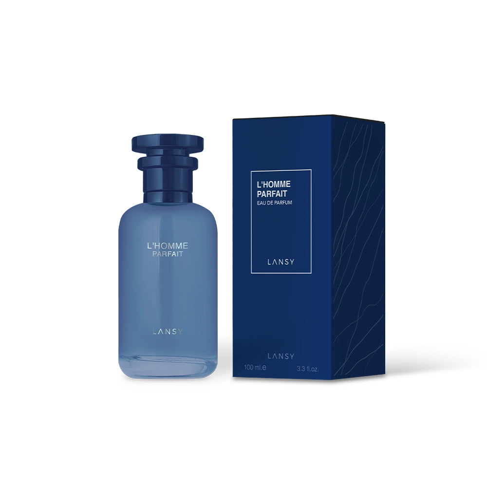 Blue Lansy perfume bottle and packaging on a white background