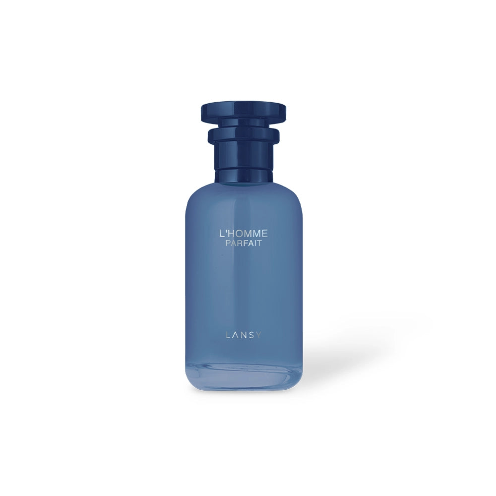 Blue perfume bottle labeled &