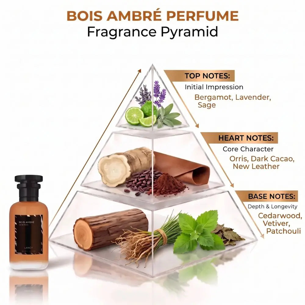 A perfume fragrance pyramid diagram labeled &