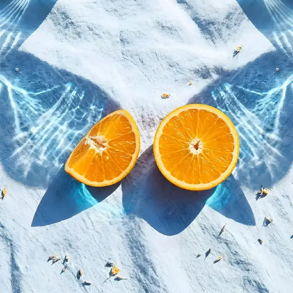 Two halves of an orange on a snowy landscape with people skiing and snowboarding.