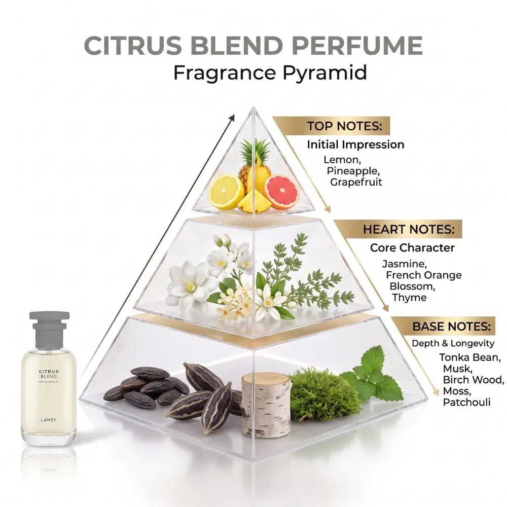 Citrus Blend Perfume fragrance pyramid diagram displaying the top, heart, and base olfactory notes with ingredients.
