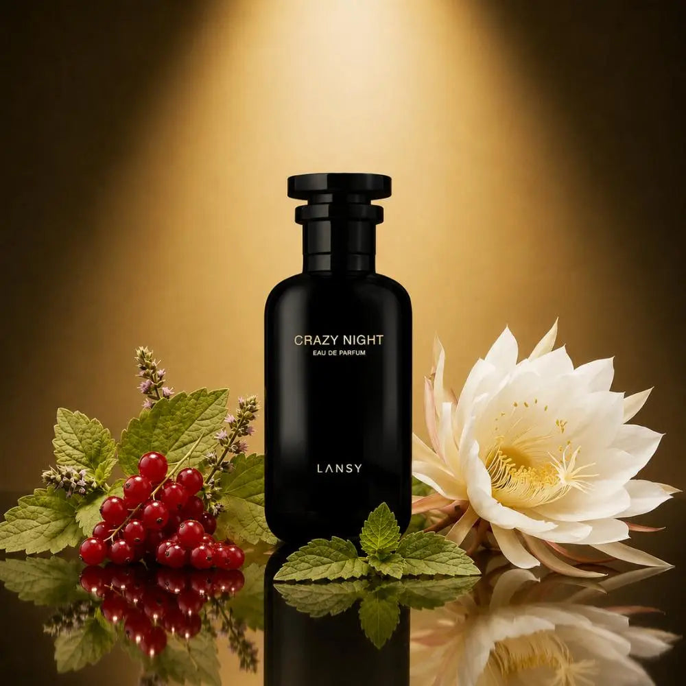 LANSY Crazy Night Eau de Parfum bottle with red berries, green leaves and white flower on a warm golden background.