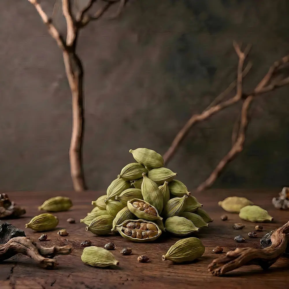 Green cardamom pods on a wooden surface with a dark background