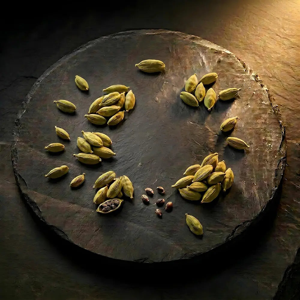 Cardamom pods arranged in a circular pattern on a dark stone surface.
