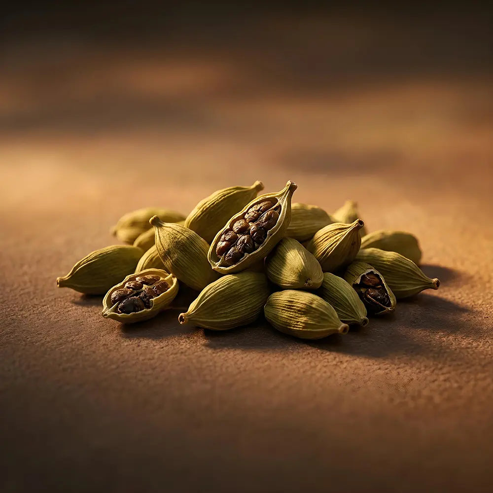 Cardamom pods with seeds on a textured surface