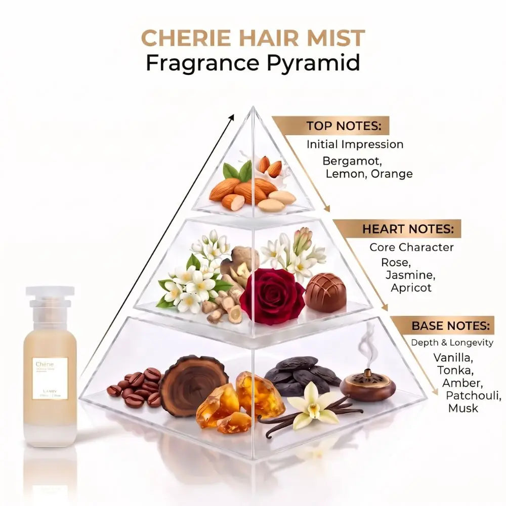 Cherie Hair Mist fragrance pyramid diagram with a clear bottle on the left and a layered pyramid showing top, heart, and base notes with illustrated ingredients such as almonds, rose, vanilla, amber, and musk on a white background.