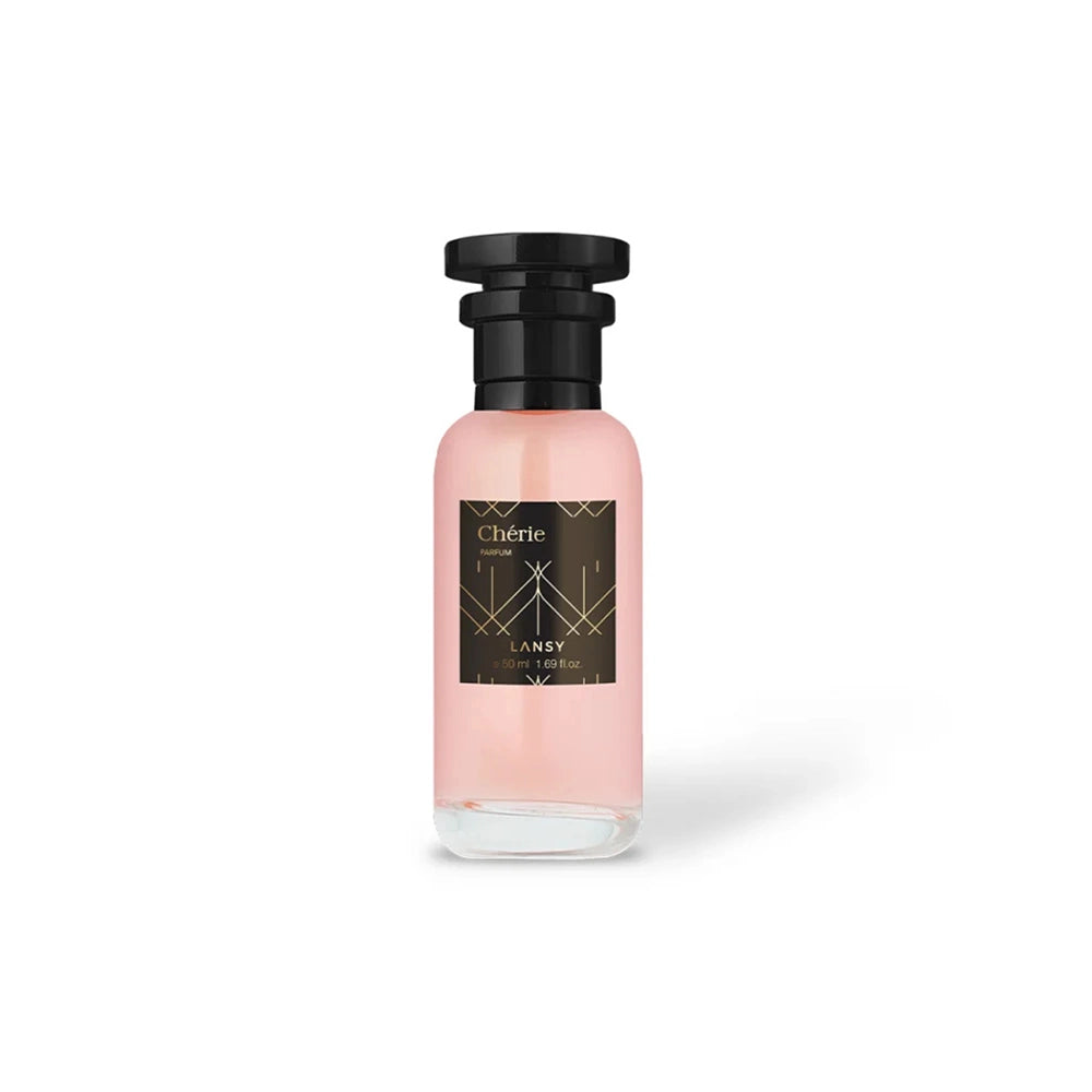 Pink perfume bottle with black cap on a white background
