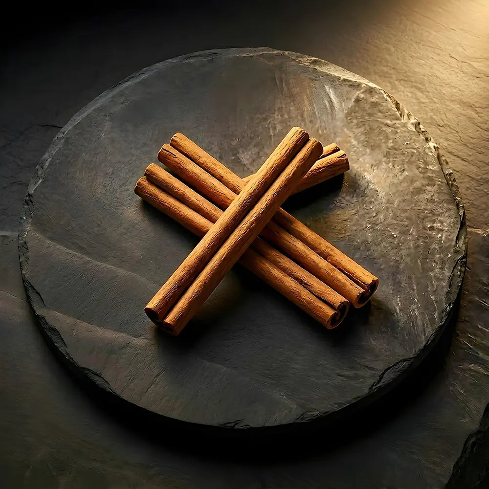 Cinnamon sticks on a dark stone surface