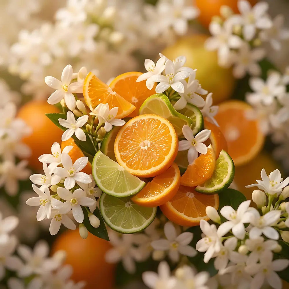 Oranges, limes, and white flowers arranged together