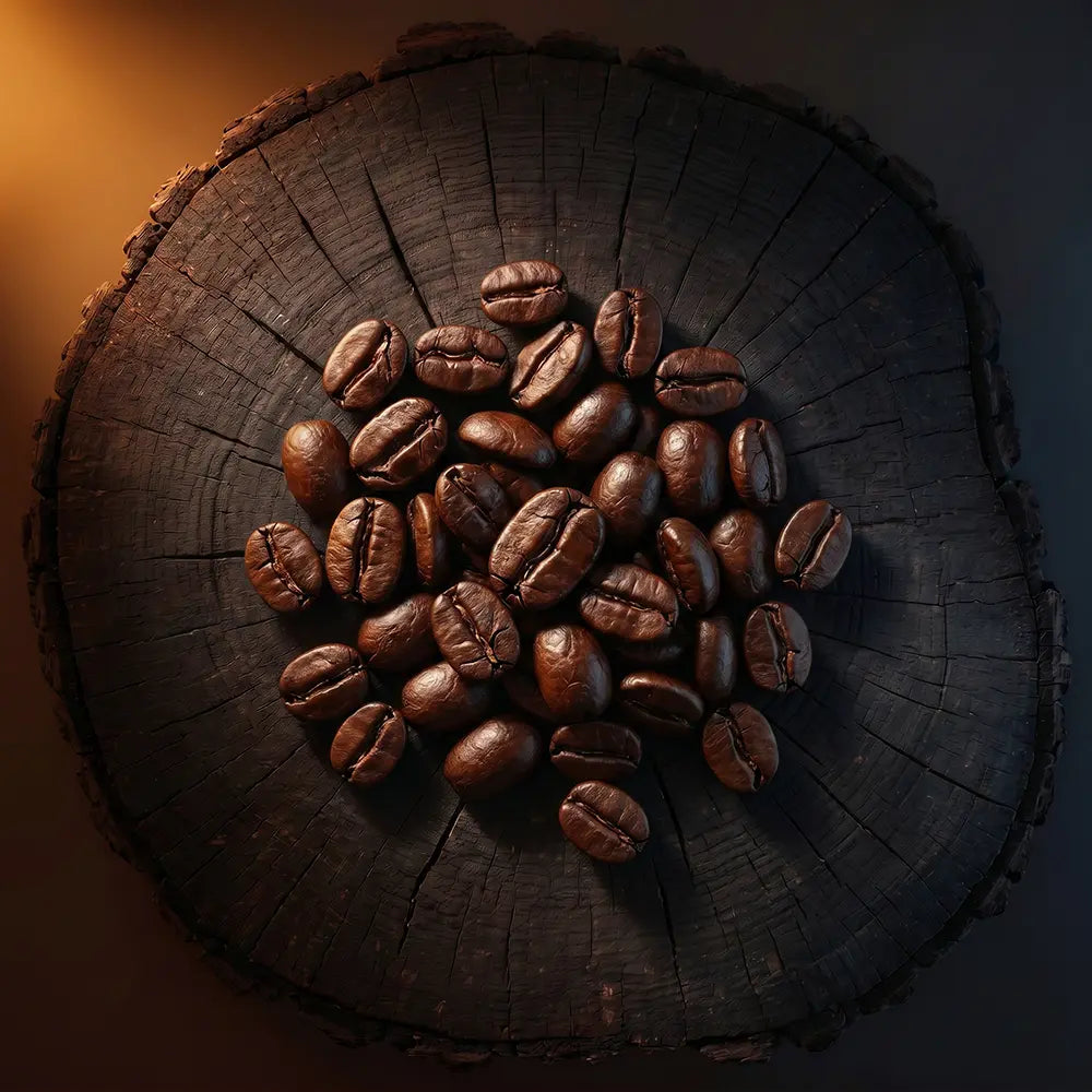 Roasted coffee beans on a dark wood slice under warm lighting.