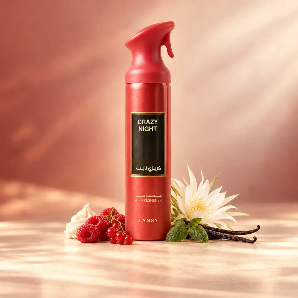 Crazy Night Air Freshener by LANSY with raspberries, cherries, vanilla, and creamy floral accents on elegant peach marble.