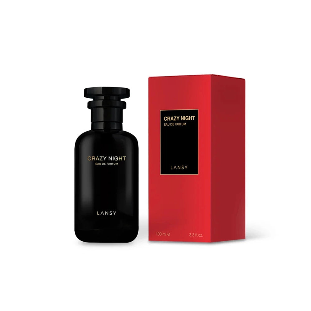 Lansy Crazy Night perfume bottle and red box on a white background