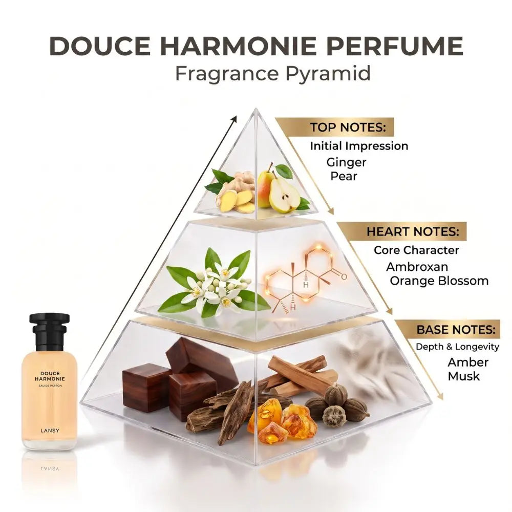Fragrance pyramid graphic for Douce Harmonie Perfume listing top notes (Ginger, Pear), heart notes (Ambroxan, Orange Blossom), and base notes (Amber, Musk).