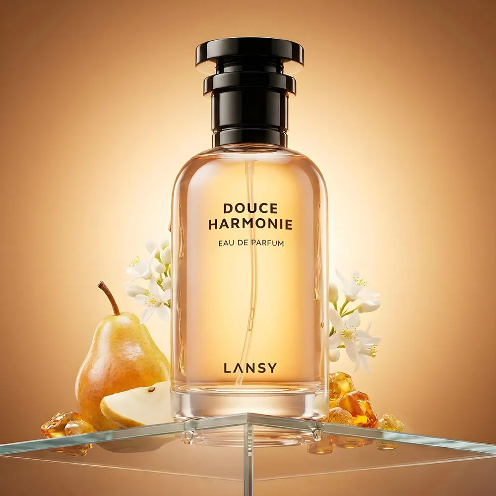 Lansy Douce Harmonie perfume bottle with pear and flowers on a warm background
