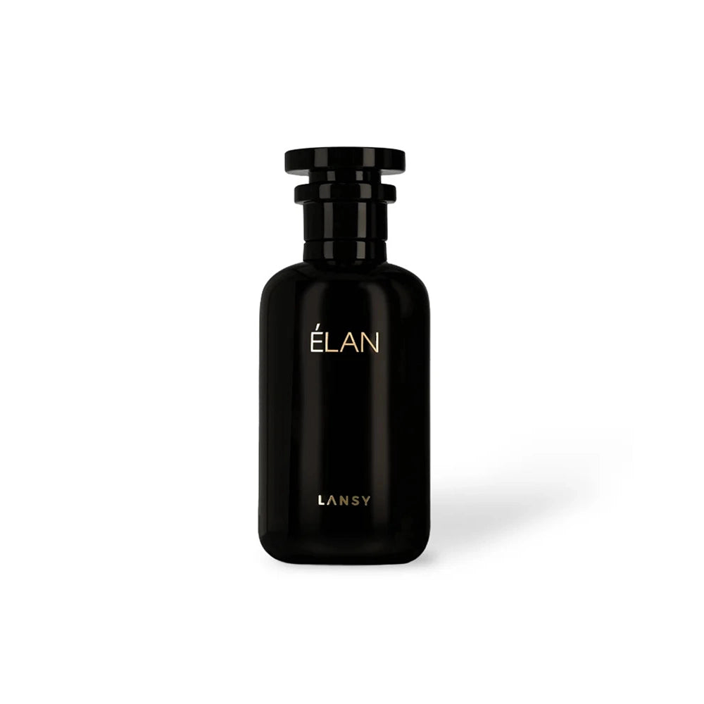 Black bottle of LANSY ÉLAN on a white background