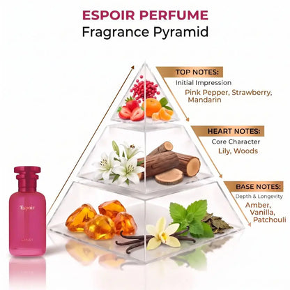 LANSY Espoir perfume fragrance pyramid showing top, heart and base notes.