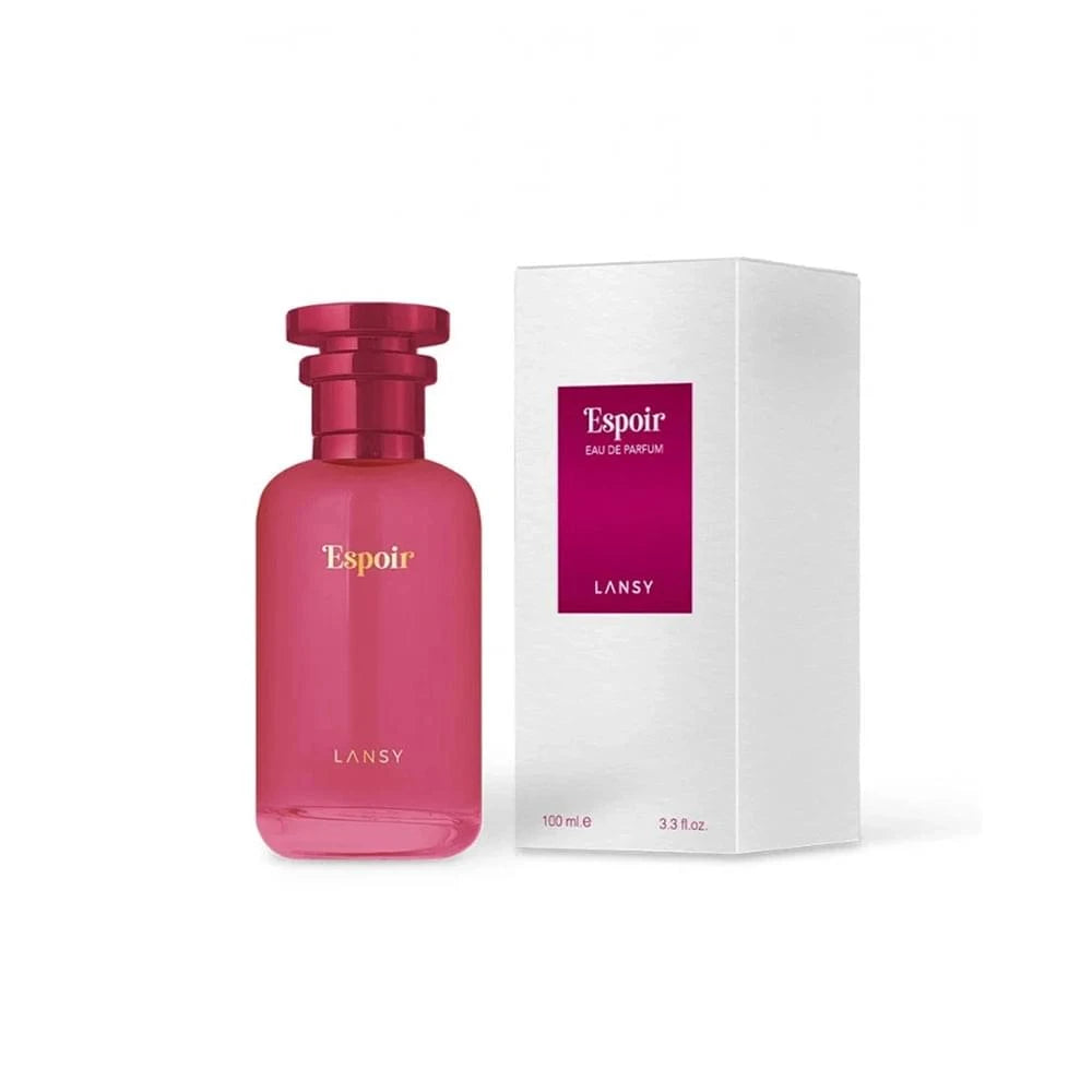 Pink perfume bottle and packaging with &