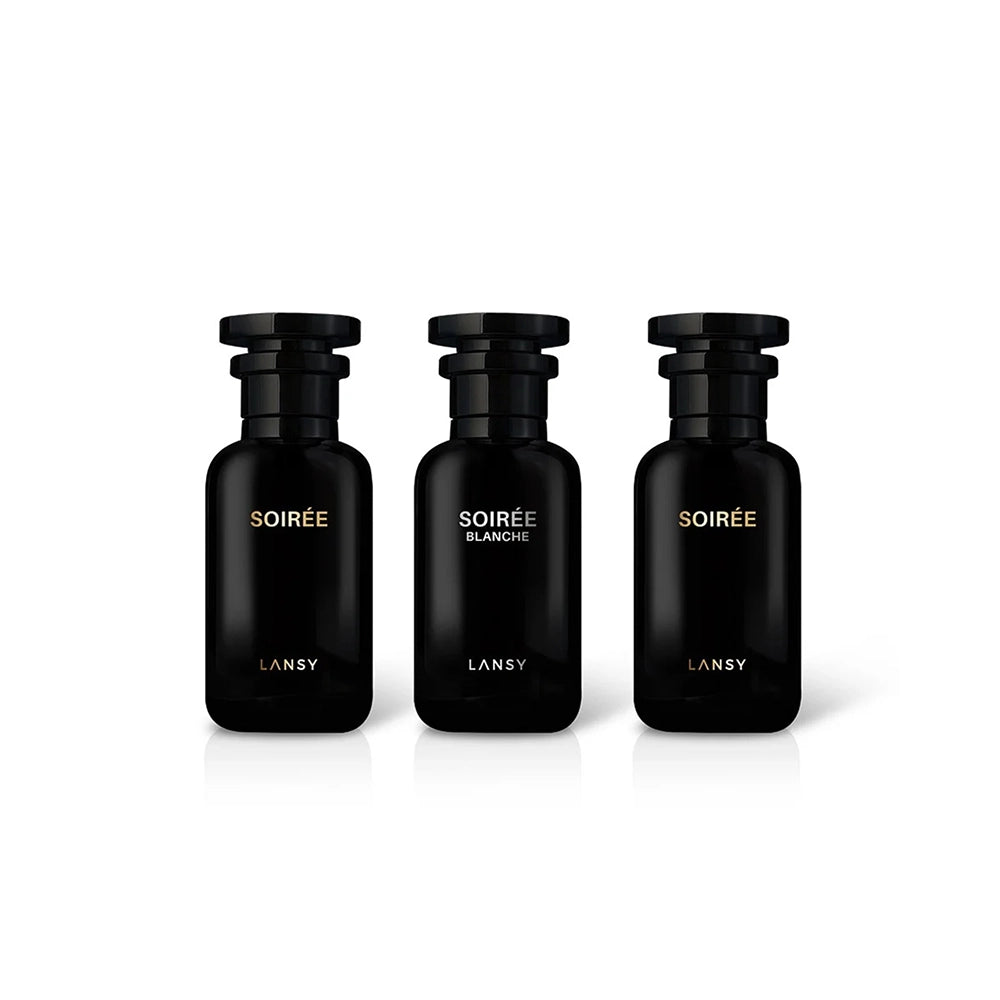 Three black Lansy perfume bottles labeled &