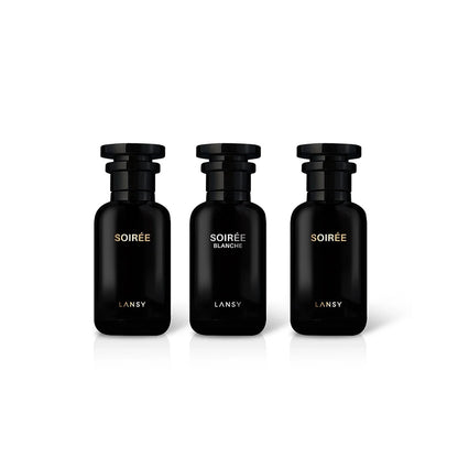 Three black Lansy perfume bottles labeled &