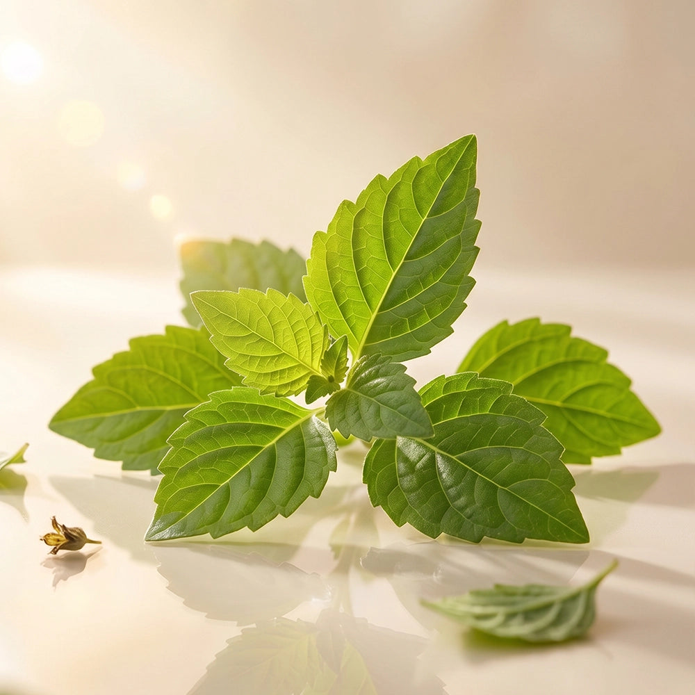 Fresh green herb sprig on a glossy white surface in warm sunlight.