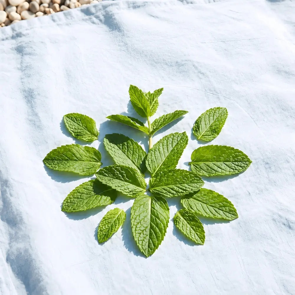 Fresh green mint leaves arranged on a white fabric background in natural sunlight.