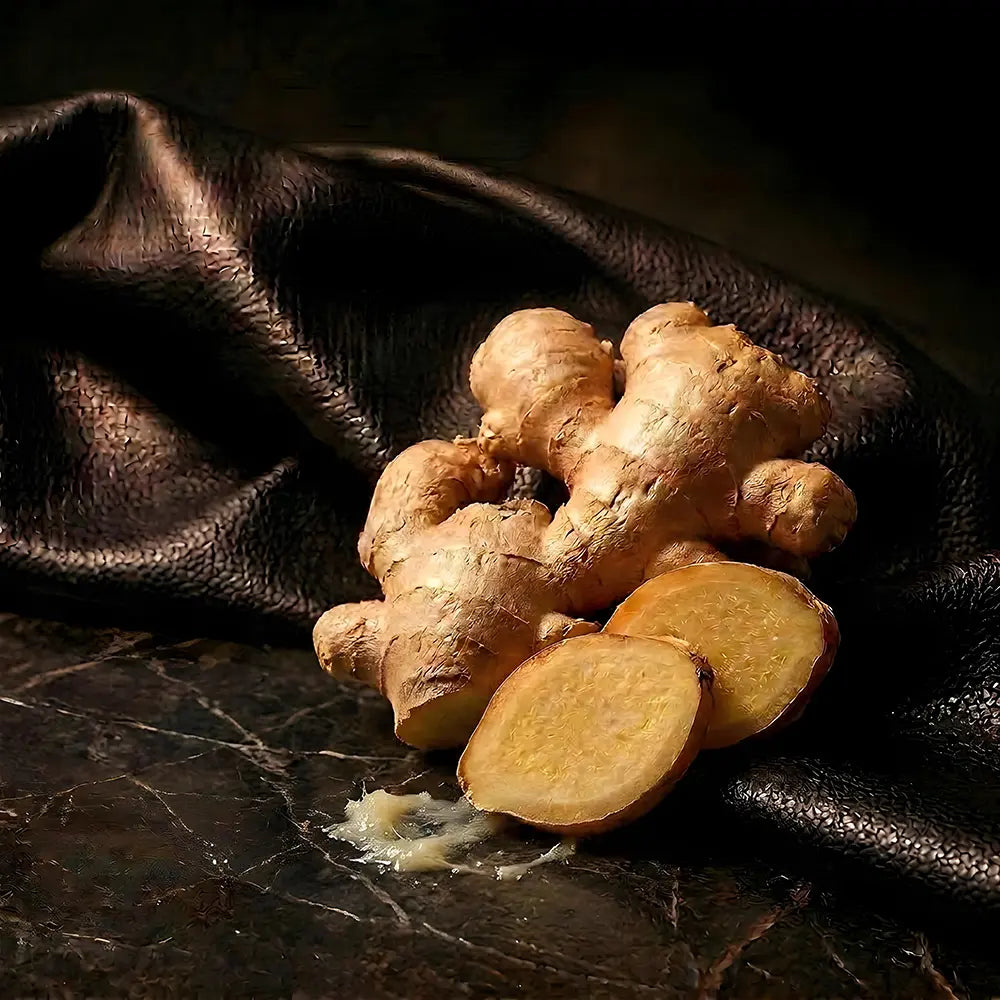 Ginger root on a dark surface with a dark fabric background