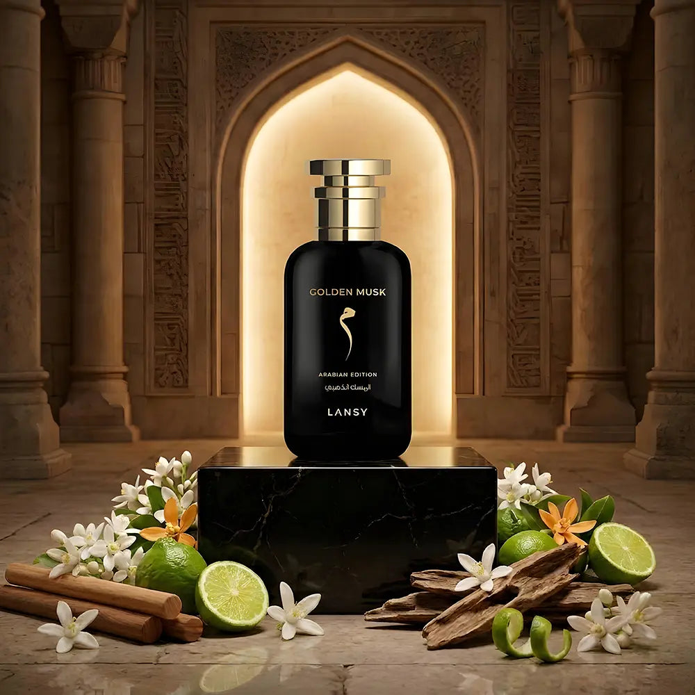 Lansy Golden Musk perfume bottle with decorative elements in a warm, architectural setting