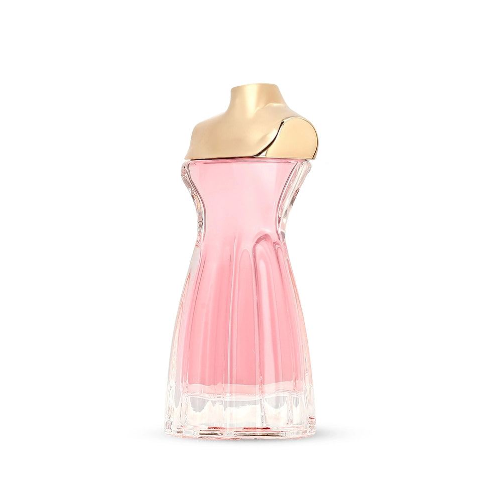 Pink perfume bottle with gold cap on a white background