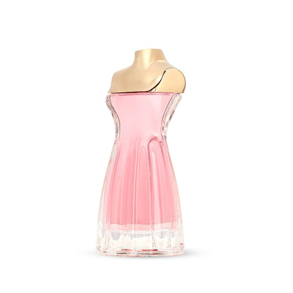 Pink perfume bottle with gold cap on a white background