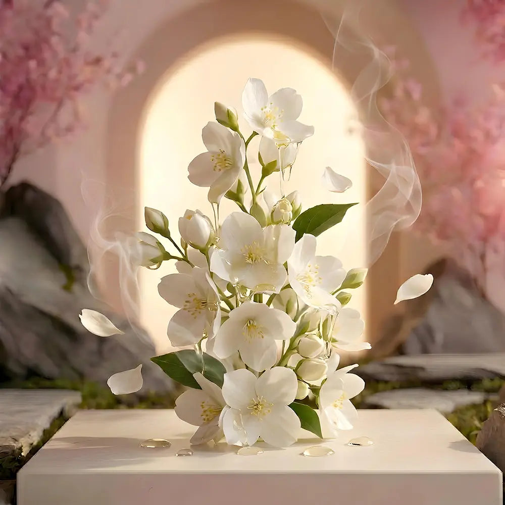 White floral arrangement with green leaves on a white platform against a blurred natural background