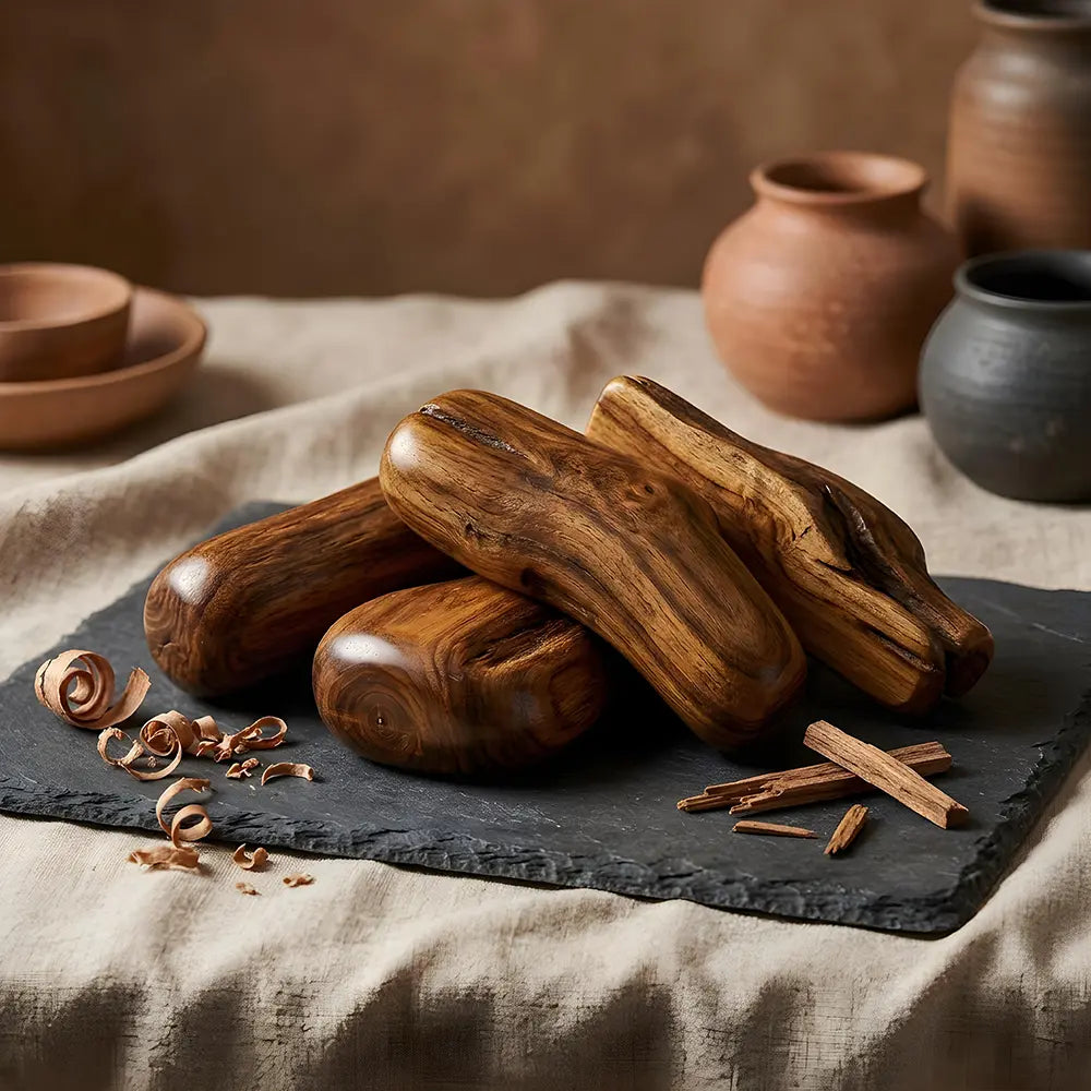 Wooden logs on a dark slate surface with rustic background