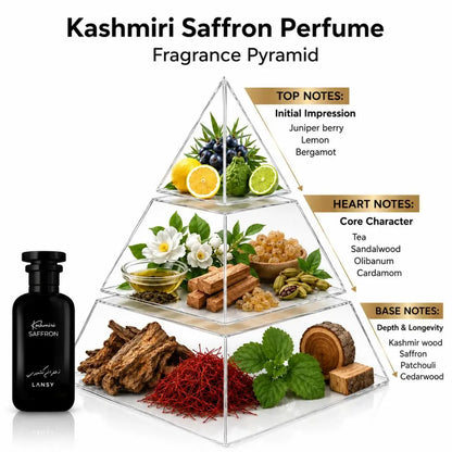 LANSY Kashmiri Saffron perfume fragrance pyramid showing top, heart and base notes.