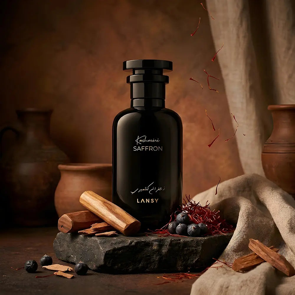 Black LANSY saffron perfume bottle with saffron threads and spices on a rustic background