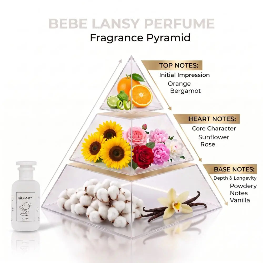 LANSY BEBE perfume fragrance pyramid showing top, heart and base notes.