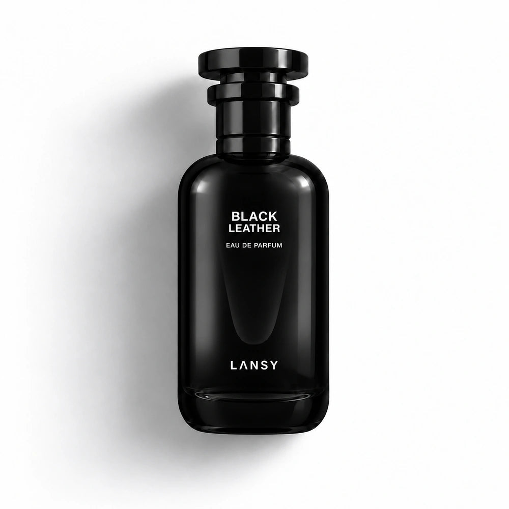 Black LANSY Amber Elite perfume bottle on a white background
