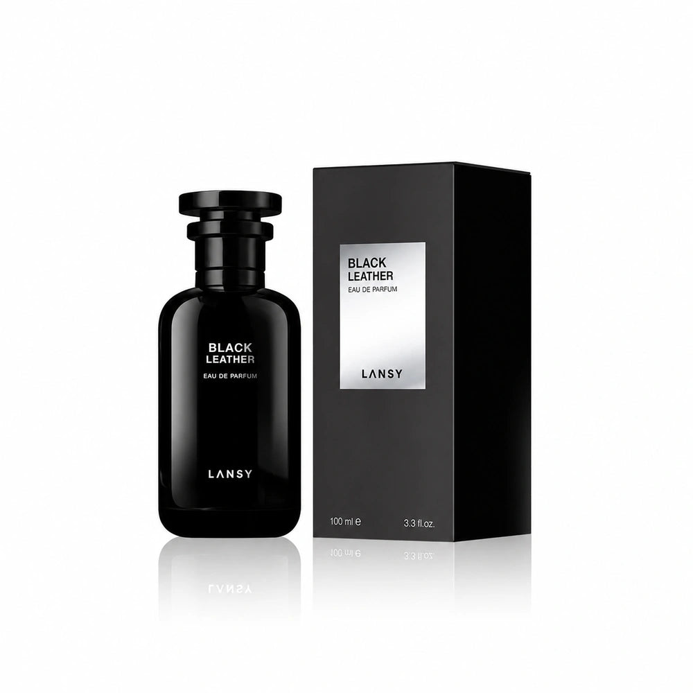 Lansy Black Leather perfume bottle and packaging on a white background