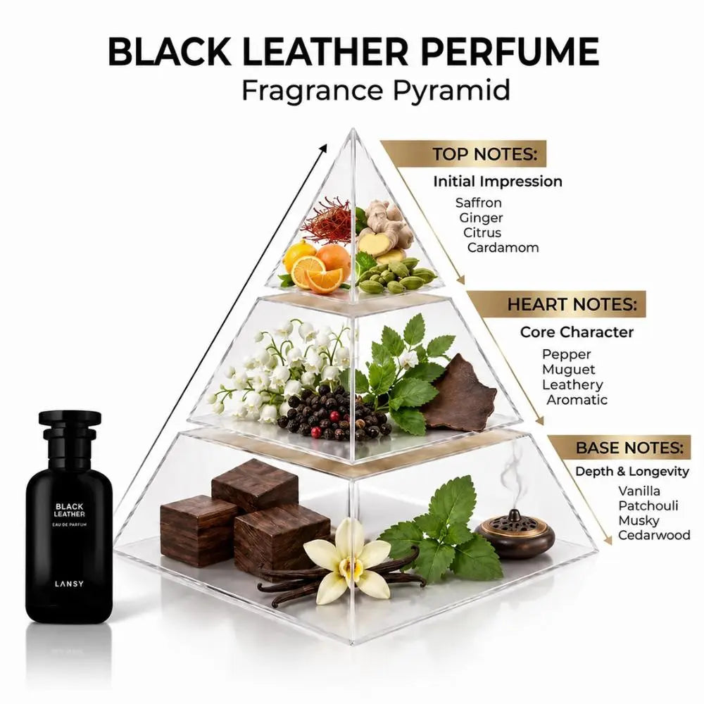 LANSY Black Leather perfume fragrance pyramid showing top, heart and base notes.