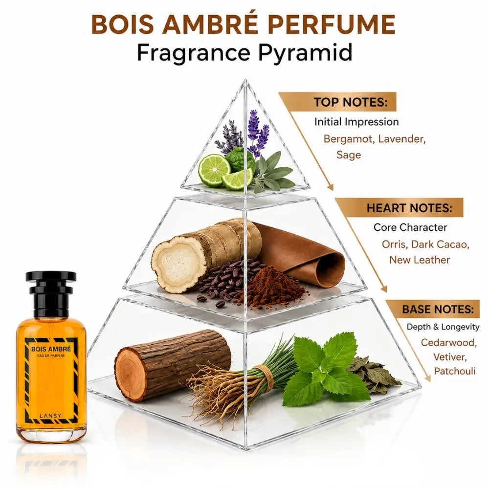LANSY Bois Ambré perfume fragrance pyramid showing top, heart and base notes.
