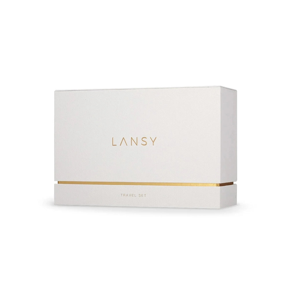 LANSY white cosmetic travel set box with branding on a white background.